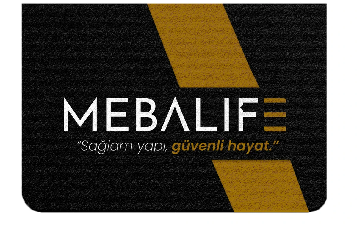 Mebalife logosu ve “Sağlam yapı, güvenli hayat.” sloganı siyah–altın zeminde