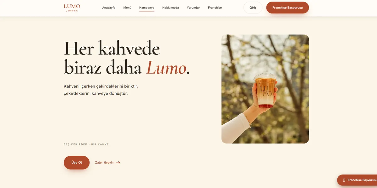 Lumo Coffee web sitesi ana sayfası